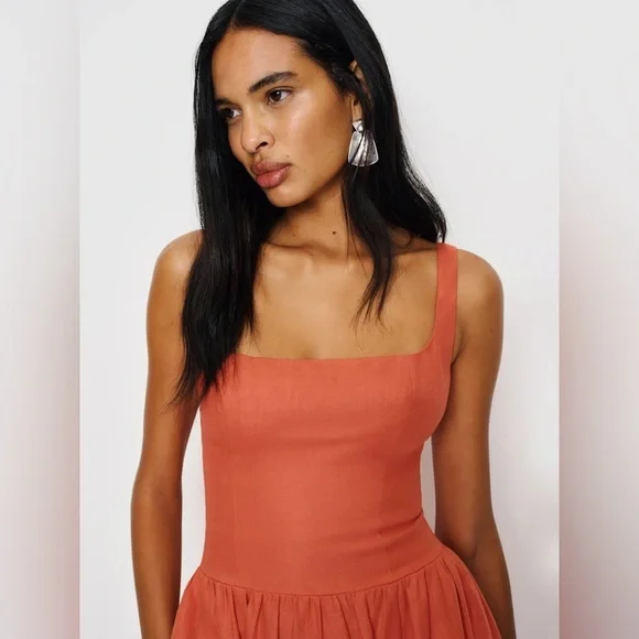 NEW Reformation Janu Midi Linen Dress Red Coral Orange | US 0 UK 4 - Picture 4 of 16